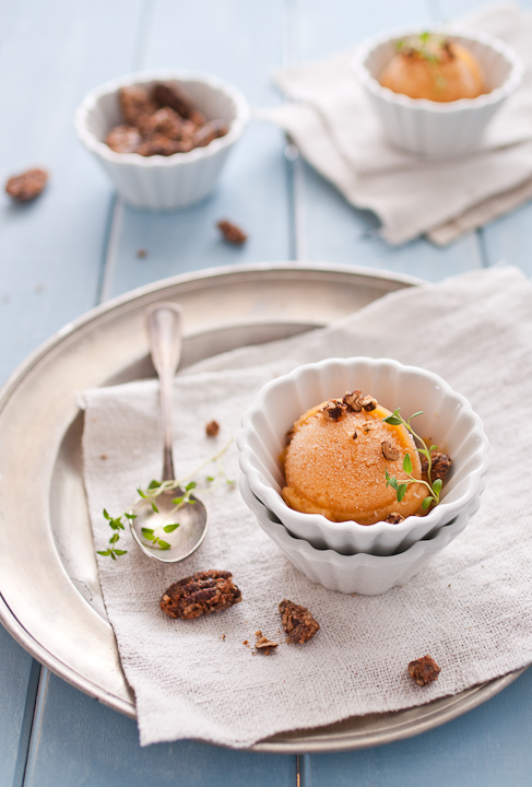Peach & Thyme Sorbet with Candied Pecans