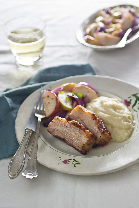 Slow-Roast Pork Belly with Celeriac Apple Puree and Roasted Apples
