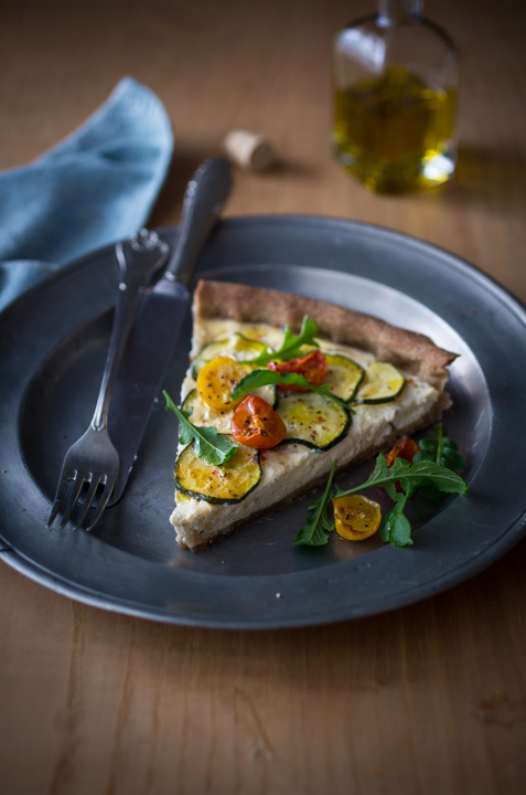 Ricotta, Zucchini and Cherry Tomato Tart with Buchwheat Olive Oil Crust