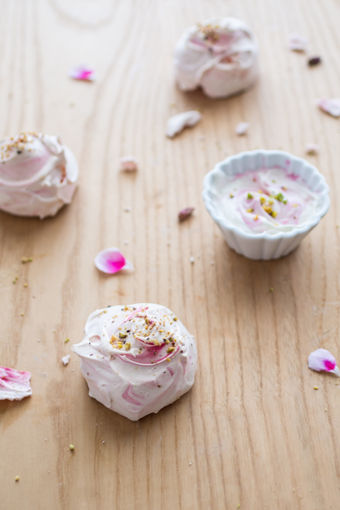 Rosewater Strawberry and Pistachio Meringues